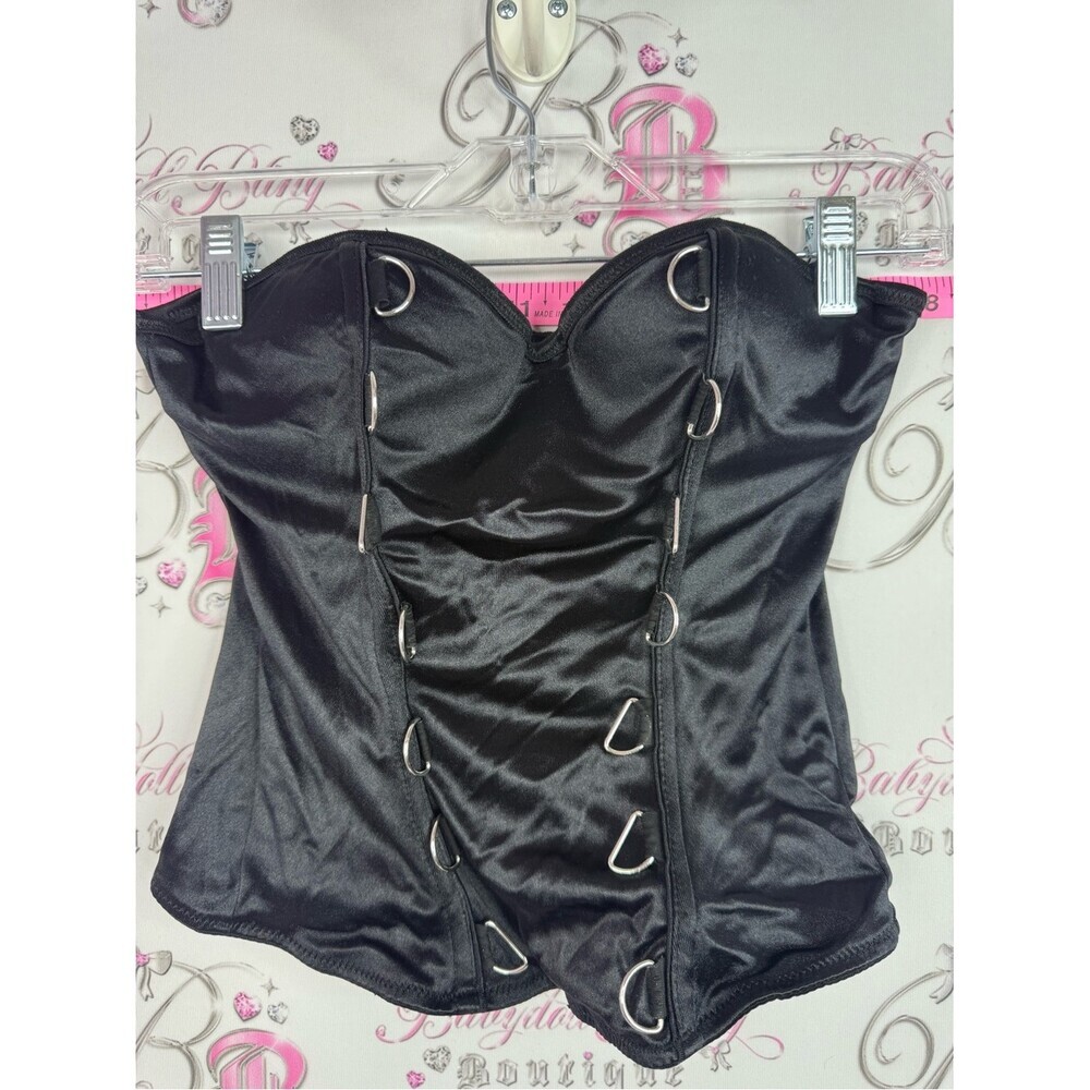 Spirit Halloween bustier Black Satin Strapless Corset Top with Silver D-Rings